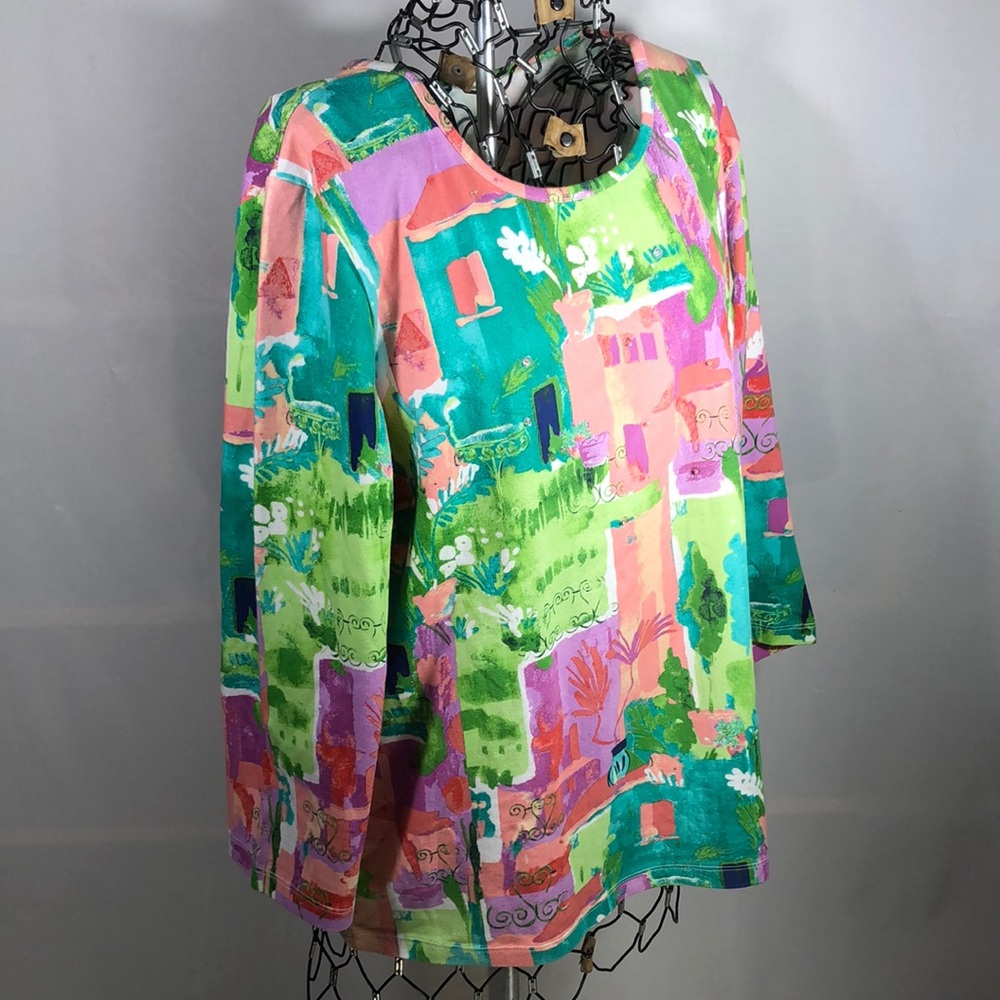 Colorful Petite Garden Print Diamond Embellished Top 3/4 Sleeves PXL